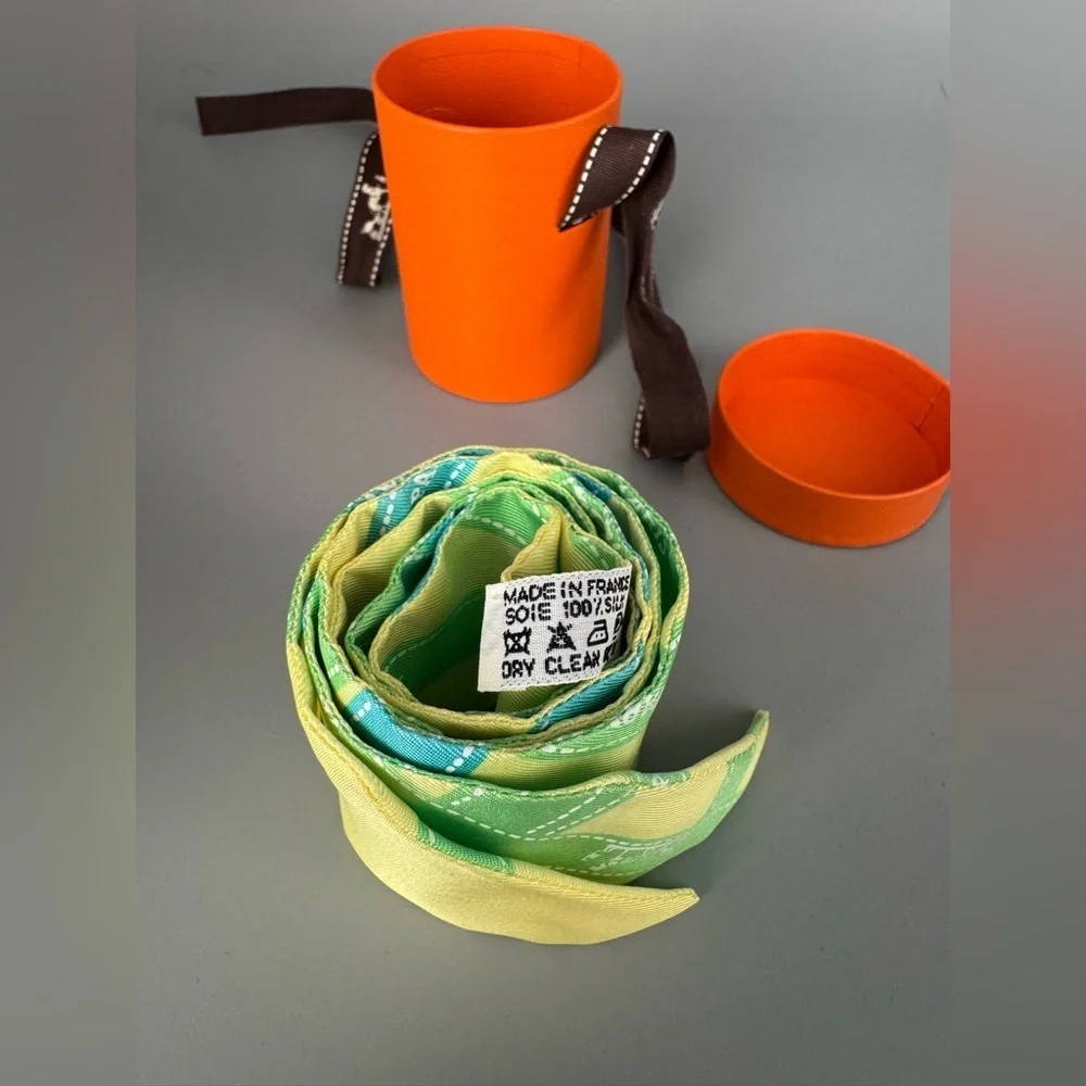 Hermès Bolduc Ribbon Silk Twilly Scarf Yellow Green w Box